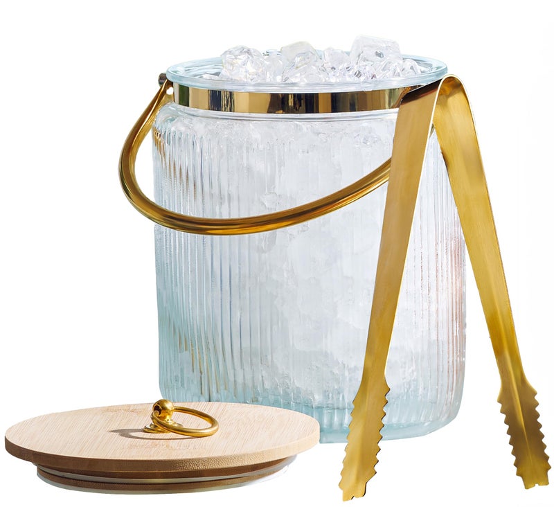 Le'raze Glass Ice Bucket with Airtight Lid  Ice Tong Scooper and Handle - 3L Ribbed Beverage Tub Cocktail Home Bar Accessories  Wine  Beer - Chiller for Parties  Champagne Drink Tub Cooler with Hinged Handles - Image 1
